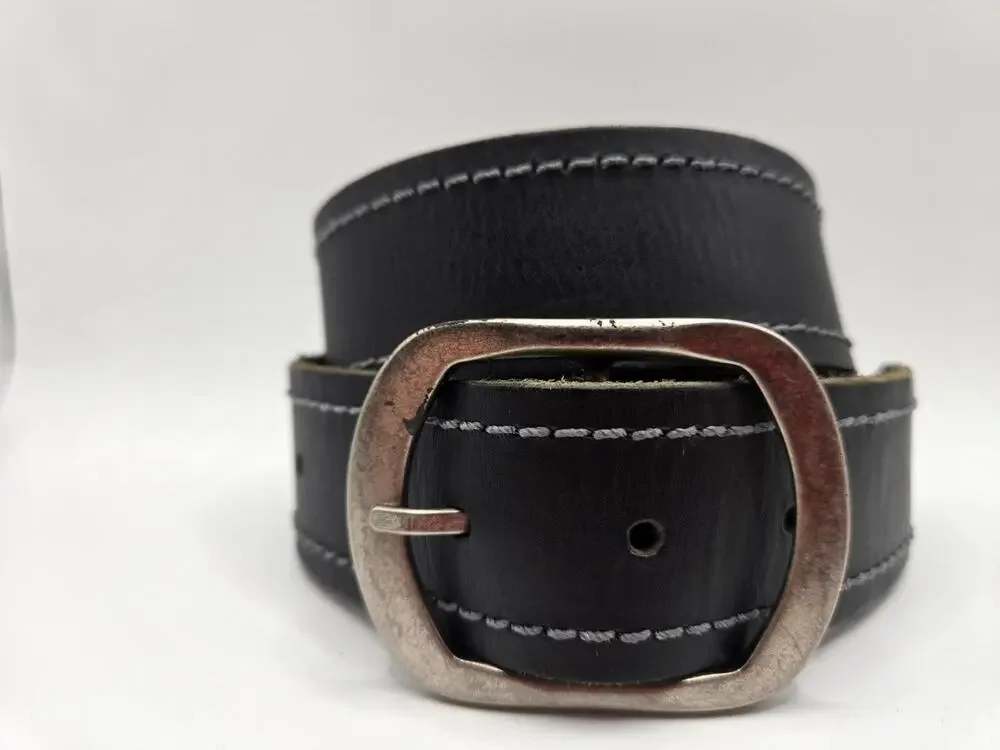 Black Leather Belt - Made in Mexico - Size 36 RN#121758 Silver Tone Buckle